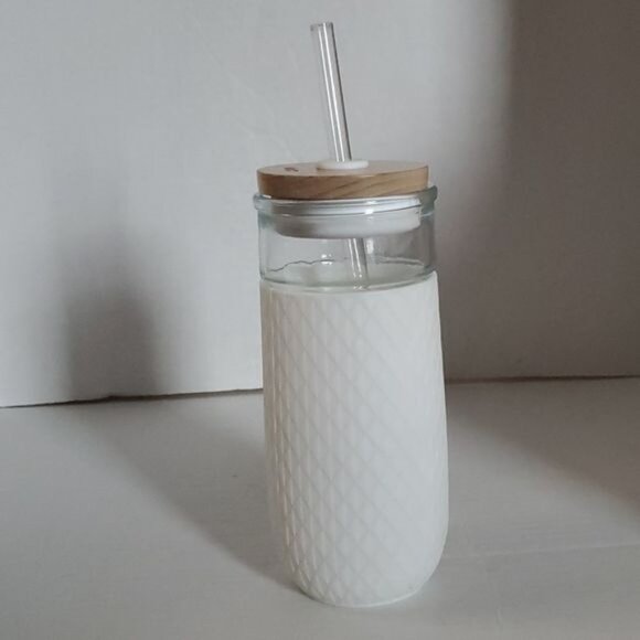 Ello Devon Glass Container Tumbler White Silicone Sleeve Wooden Lid Straw 18 OZ - Picture 6 of 15